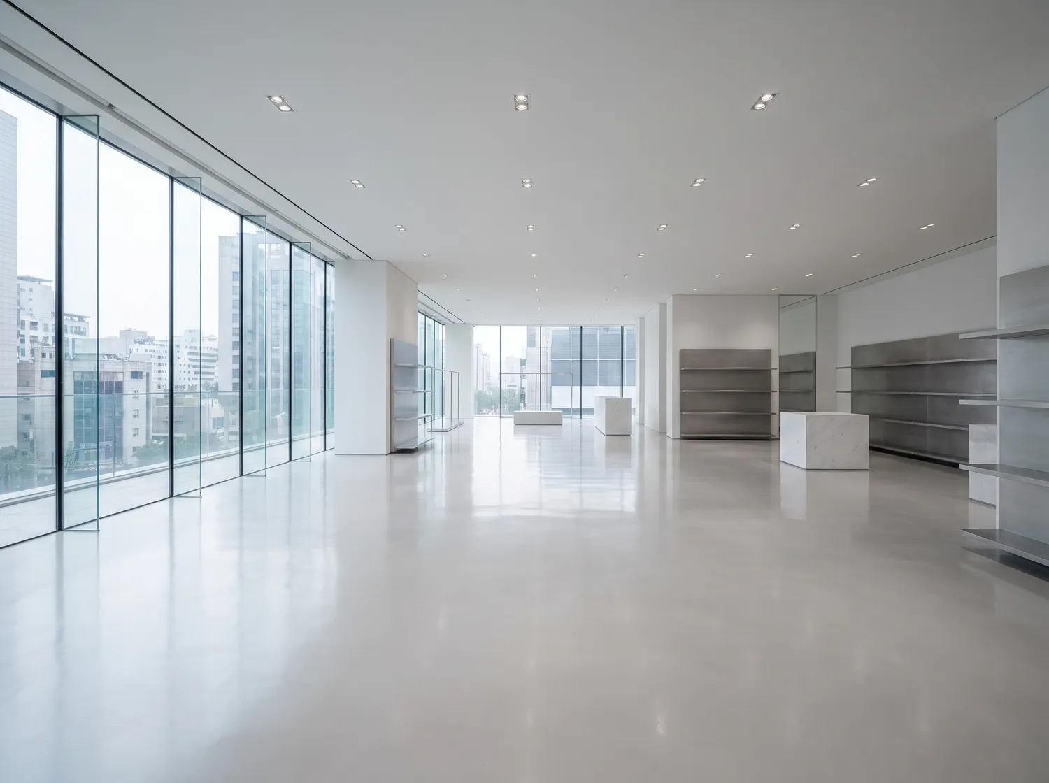 Plancher d'époxy commercial lustré dans une salle de montre lumineuse