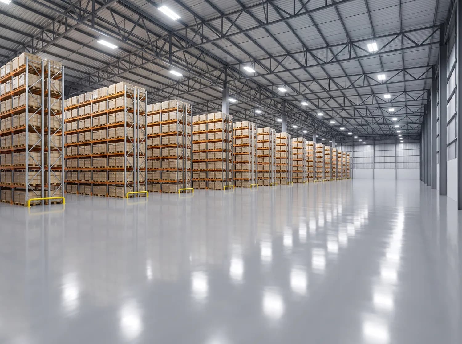 Plancher d'époxy industriel haute brillance dans un entrepôt